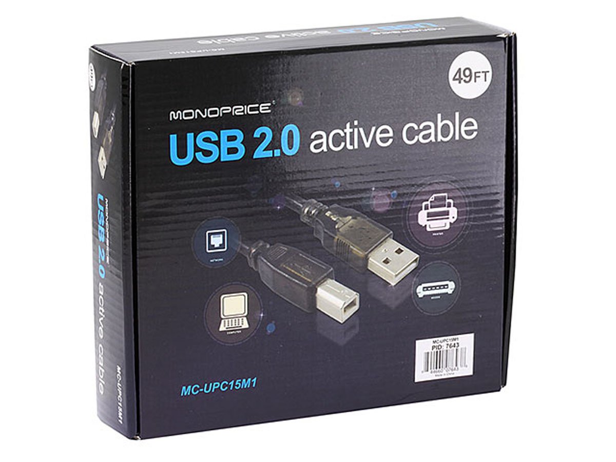 Cable de extensión USB 2.0, USB tipo A a USB tipo B, macho a macho, activo, 28/24AWG, 49 pies, negro 4