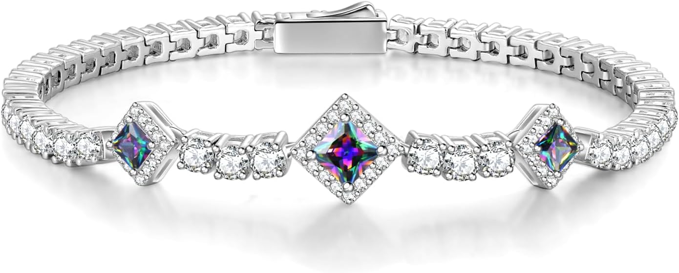 FANCIME Birthstone Bracelets 4mm Sterling Silver Tennis Bracelets Square Gemstone Birthday Fine Christmas Jewelry Gifts for Women 7.2"