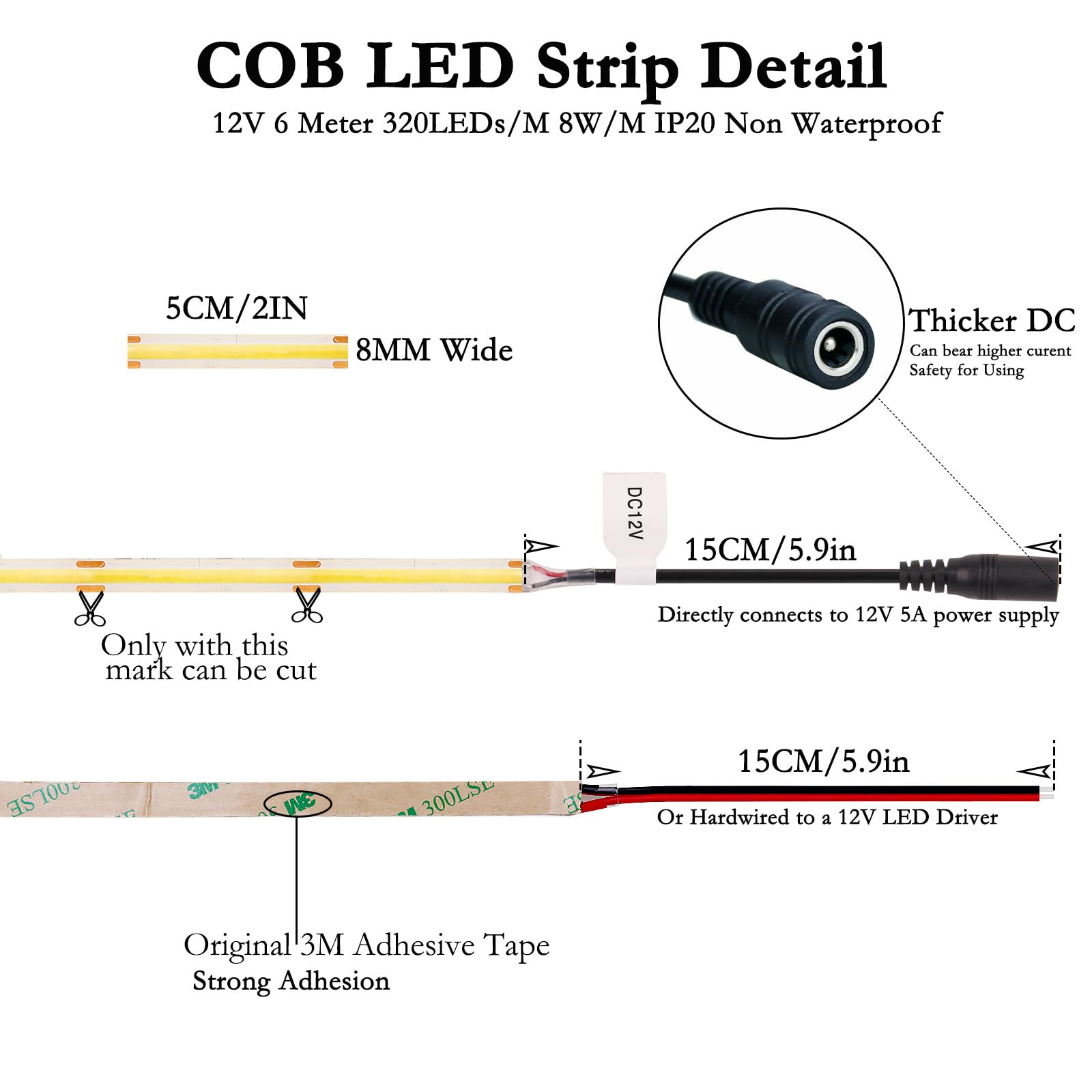 JOYLIT Striscia LED COB 12V 4000K Bianco Naturale da Interni 6 Metri 320LEDs/M 4500LM Luminosità Uniformi Luce CRI 90+ Luci Nastri Dimmerabile Flessibile Adesiva Strip LED (Solo Striscia LED)