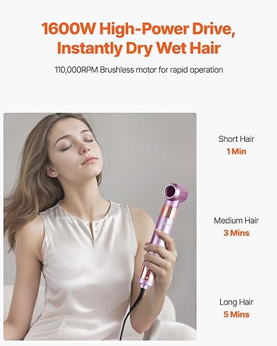 Miniatura 6 de VEVOR Cepillo para peinar y secar el cabello, 6 en 1 con motor sin escobillas, 2 rizadores de envoltura automática, 3 cepillos y 2 boquillas,