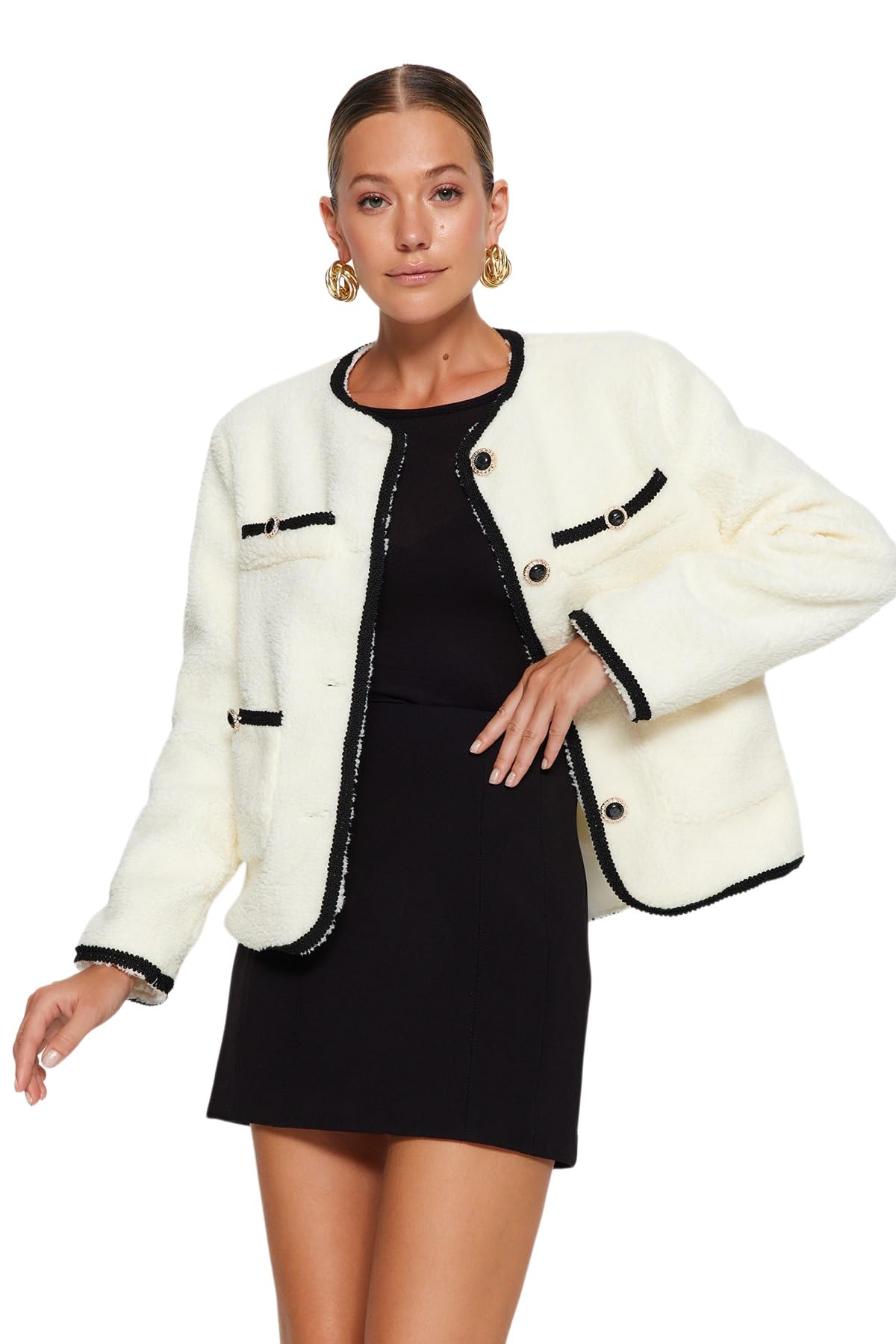 Trendyol Ecru Pocket Detailed Plush Jacket Coat