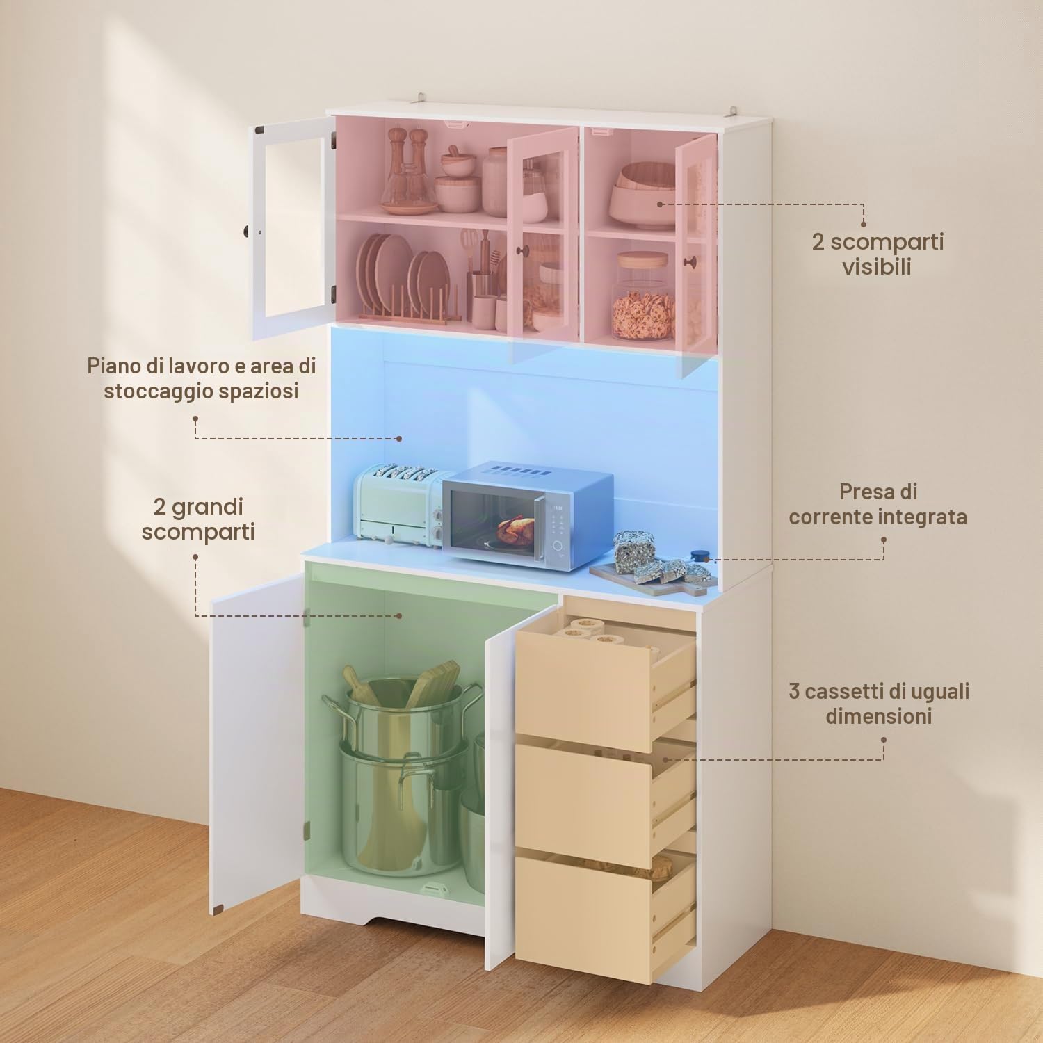 Xbro Credenza Cucina con LED e Presa Integrata, Coffee Station con Vano Microonde, Mobile Dispensa Salvaspazio con 5 Ante 3 Cassetti e Ante in Vetro, per Cucina Sala da Pranzo Soggiorno, 100x40x180 cm