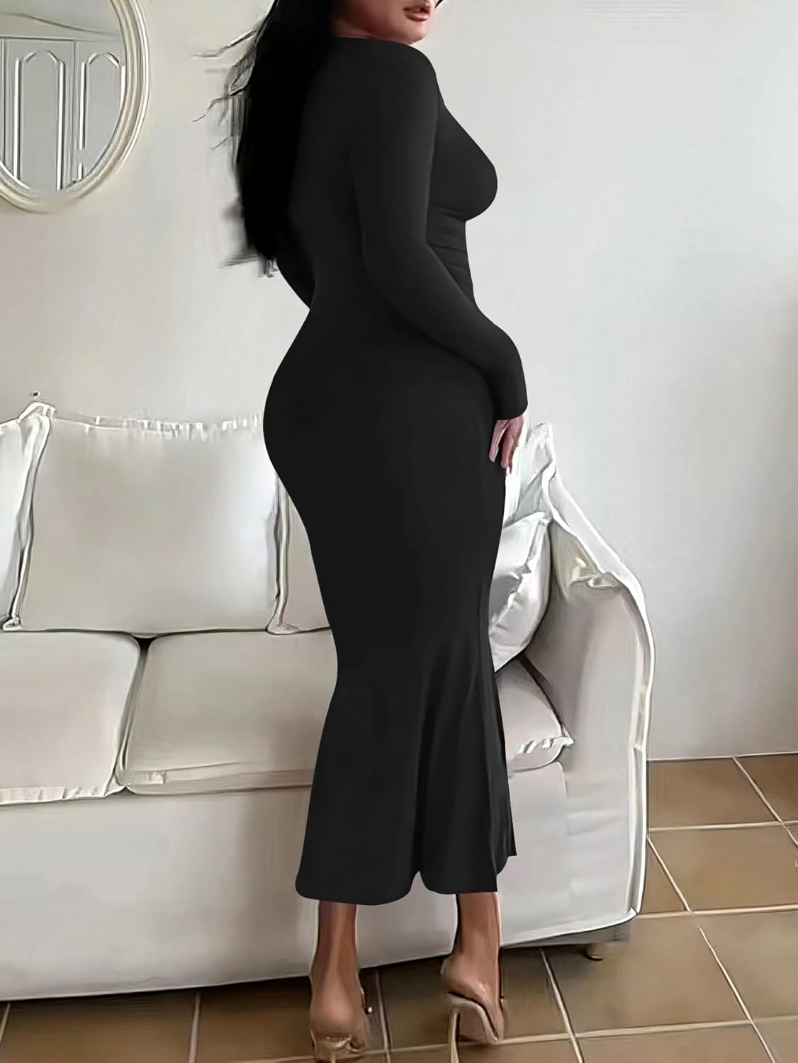 HBQ Women's Bodycon Maxi Dress Long Sleeve Square Neck Lounge Dresses Sexy Night Out Party Dress - Image 5