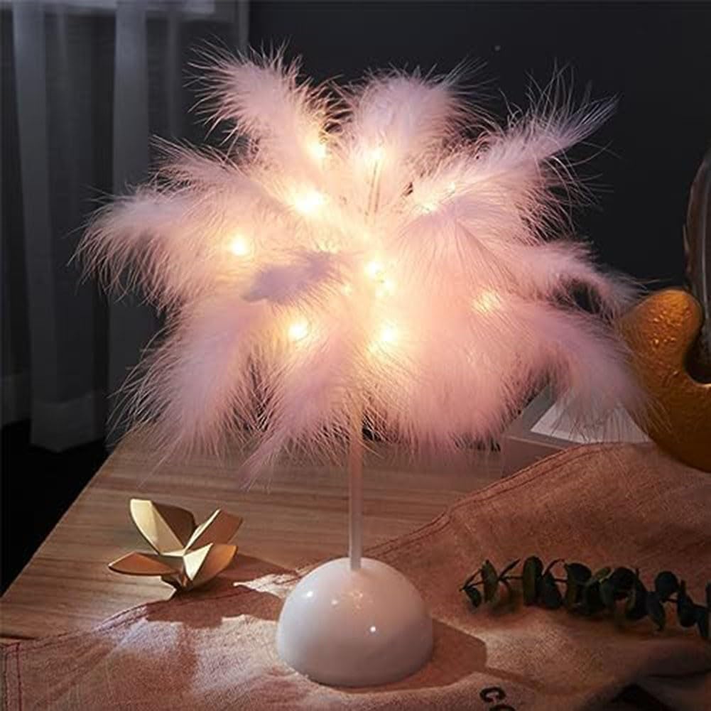 HEBEOT Feather Table Lamp Feather Decor Bedside Light FeatherTable Lamp Bedside Table Light for Bedrooms, Study Rooms, Living Rooms 9 * 21.8cm(Pink)
