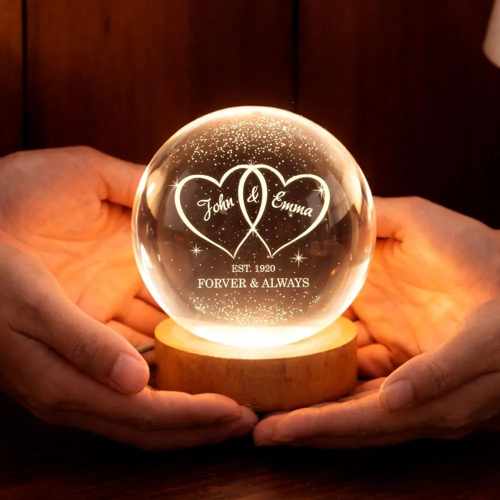 NAZENTI Custom Couple Hearts Interlocked - Personalized Crystal Ball LED Night Light for Him - Heartfelt Valentines Day Gifts for Her, Crystal Globe 3D Lamp with Wooden Base Gift for Family Birthday