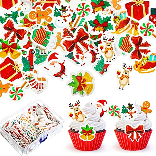512 Pieces Christmas Cake Decorations Christmas Cupcake Toppers Wafer Paper Cake Decorations Santa Claus Xmas Tree Snowman Reindeer Bell Wreath Cake Decor For Christmas Theme Party Supplies, 16 Styles #TOP15