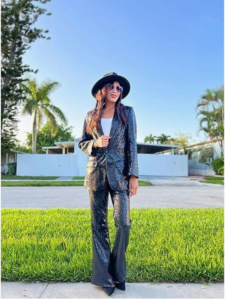 Ensemble de costume à paillettes pour femme - 2 pièces - Pour mariage, smoking, blazer, pantalon, bal de fin d'année, fête