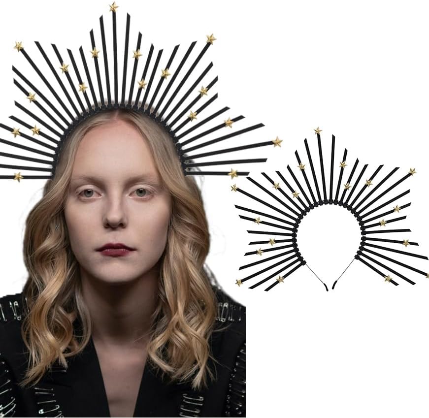 Corona negra de María con halo de estrella y diosa, tocado con cremallera y lazo con puntas para disfraz de tiara para cosplay