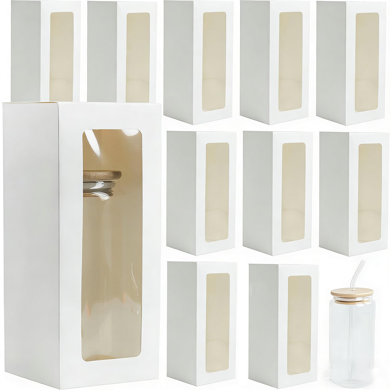 HOUPOUSEN 10 Pcs Tumbler Gift Box,7.87x3.15x3.15 Inch Clear Wine Glass Gift Boxes with Window for 12oz 16oz 20oz Drinking Cup Glasses Jars Mug Can Blanks (White)