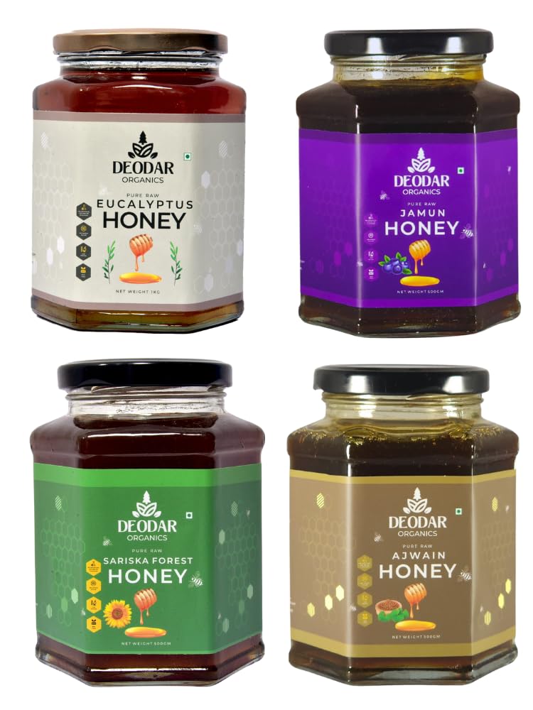 Deodar Organics Dark Honey Combo Gift| Set Of 4 Flavors In Glass Jars| Sariska forest + Jamun + Ajwain + Eucalyptus (500 GRAMS Each Falvour = 2 KG) (B0D3BWY2CH) Amazon Price History, Amazon Price Tracker