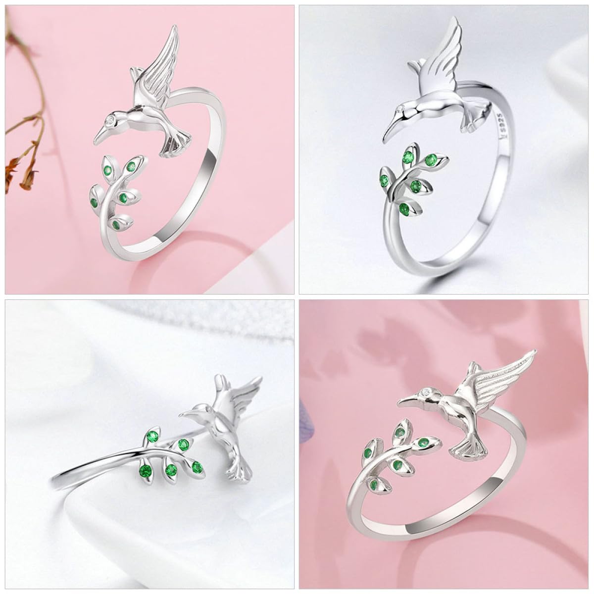 Baluue Anello Regolabile da Donna Design Colibrì e Foglie, Gioielli a Forma di Volatile, Anello Aperto Leggero e Comodo per Uso Quotidiano