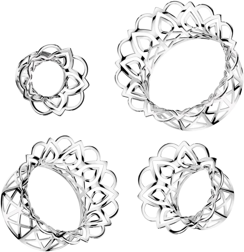 Pierced Owl Rhodium Plated Brass Hollow Filigree Double Flared Tunnels, Sold as a Pair
