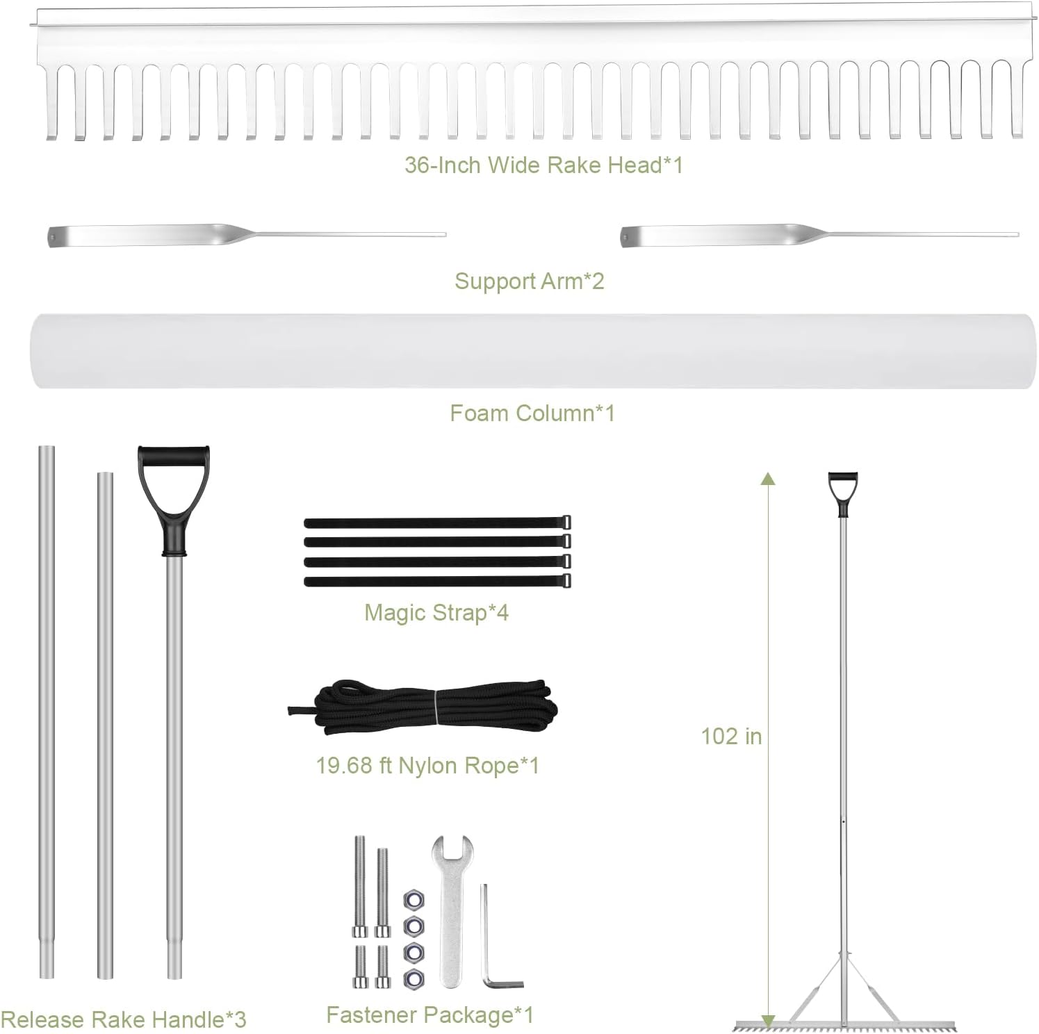 Floating Lake Rake, Landscape Rake - 36" Aluminum Heavy Duty Lake Weed Rake with 102'' Extension Handle & 20Ft Rope for Weed Algae Sludge Garbage Removal Loosening Soil Lawn Garden Care