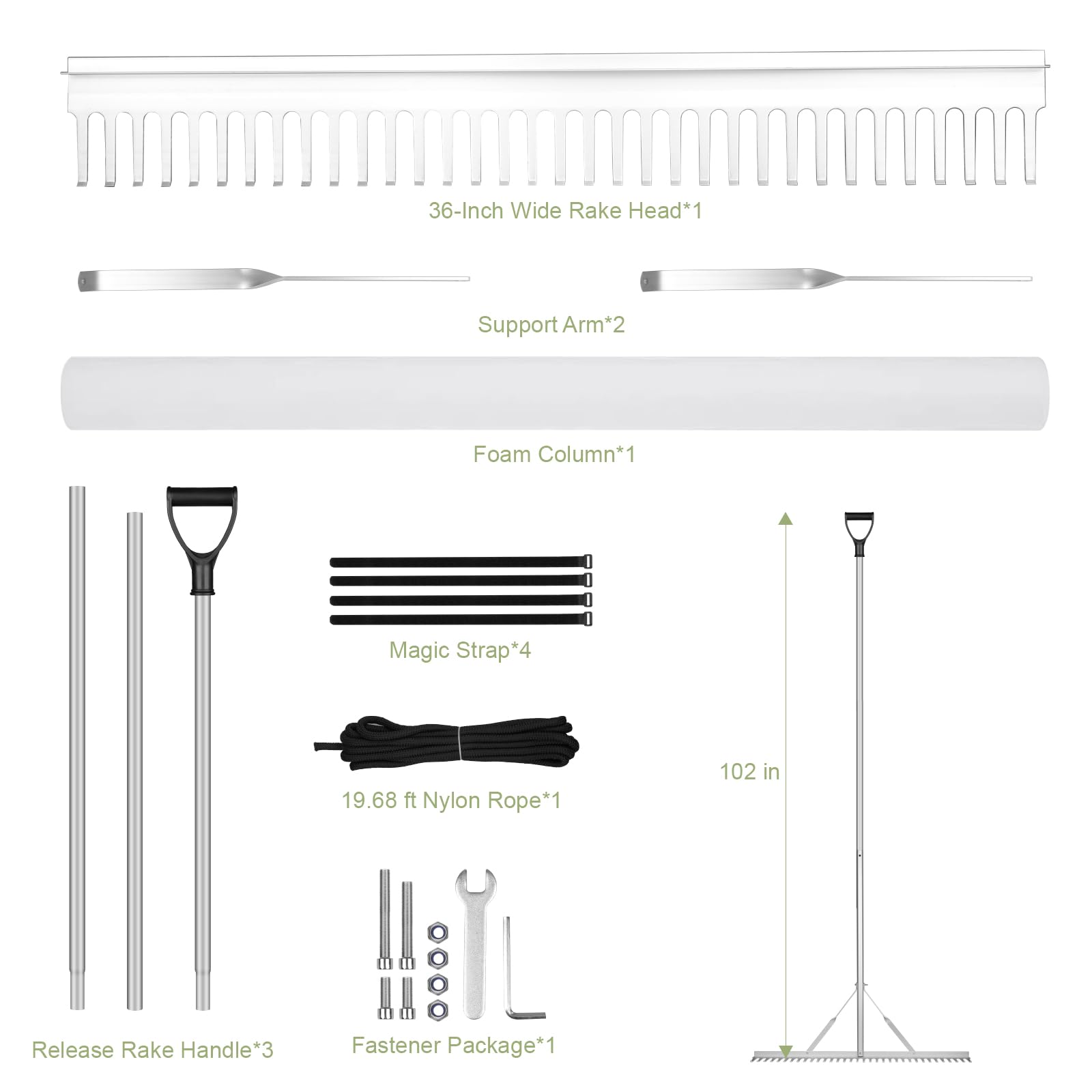 Rastrillo de aleación de aluminio para estanque, disponible de 67 a 134 pulgadas + cuerda de 236 pulgadas + bolsa de almacenamiento, rastrillo de paisajismo, adecuado para limpieza de basura, lodos de