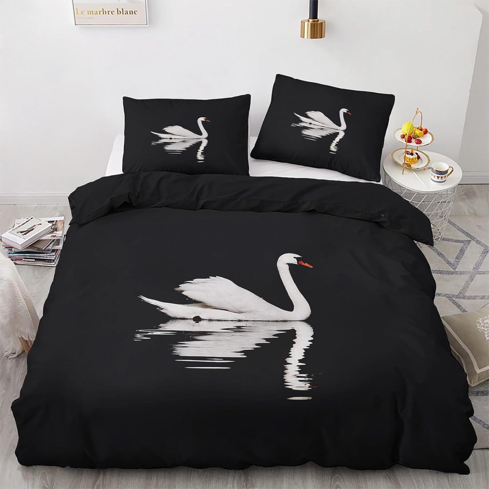 Czarno-biały łabędź zestawy pościeli king size - wzór zwierzęcy poszewka na kołdrę + 2 poszewki na poduszki 48 x 74 cm, 110 g mikrofibra nadająca się do prania hipoalergiczna z zapięciem na zamek