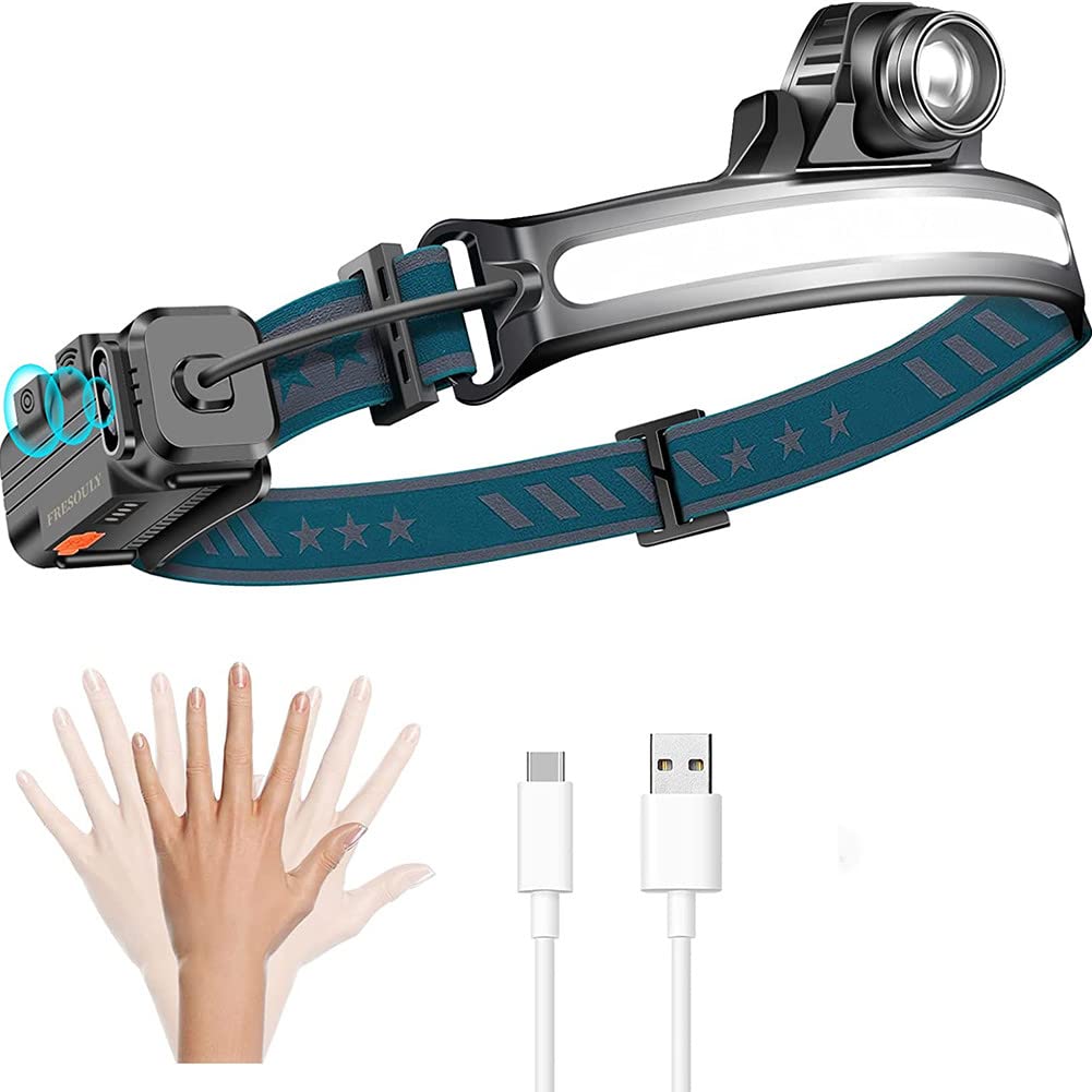 Latarka czołowa LED ładowana przez USB, superjasny reflektor 230° Inteligentny reflektor z czujnikiem 7 trybów świecenia Lekkie wodoodporne latarki czołowe IPX4 Idealny reflektor do joggingu