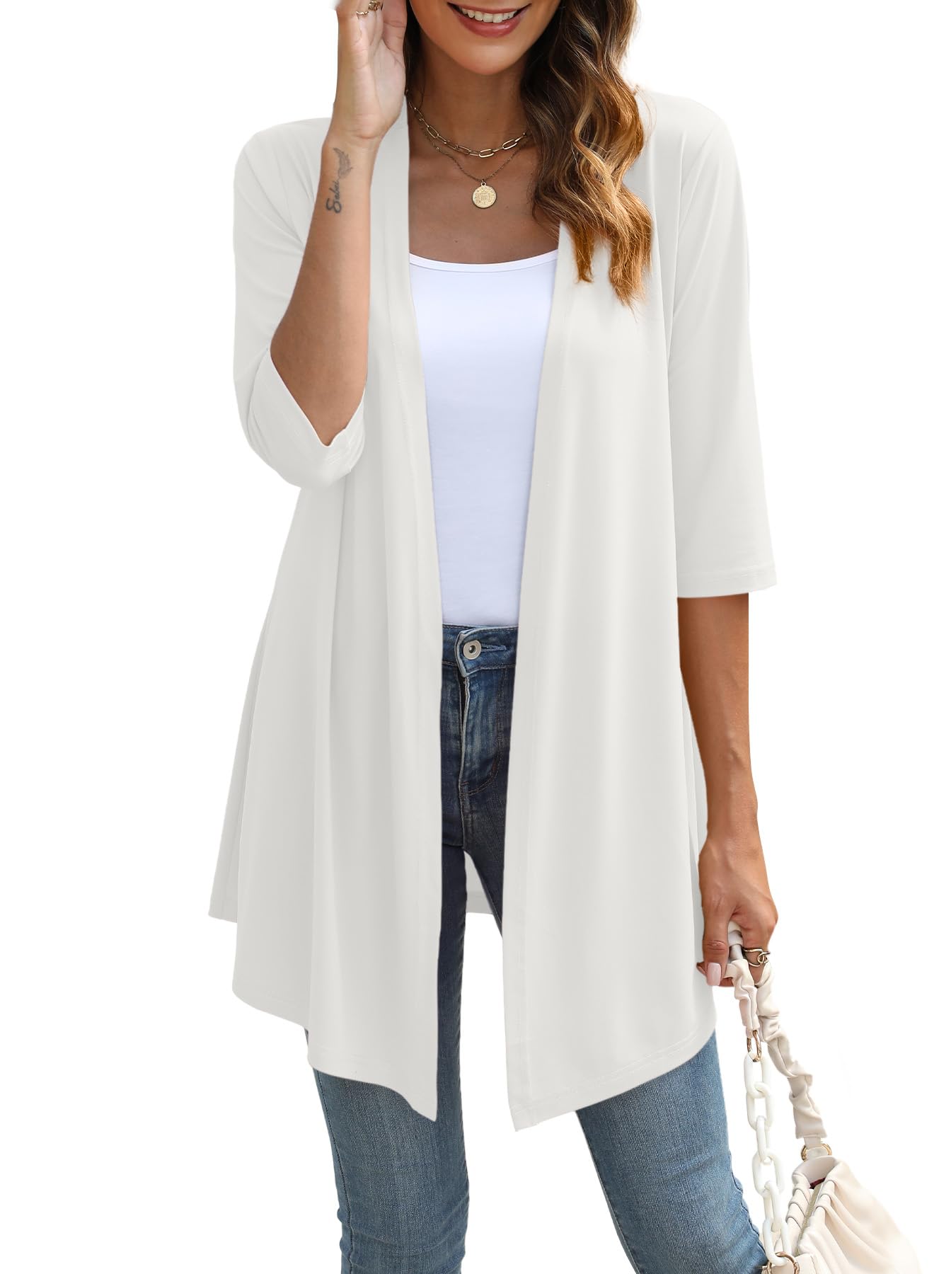 YSYOKOW Womens Lightweight Open Front Cardigan Casual Loose Knit 3/4 Sleeves Fall Outwear Fashion