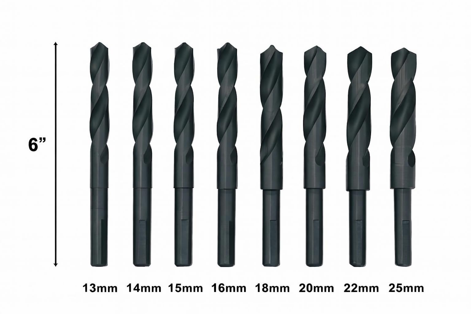 VCT Juego de 8 brocas Deming plateadas, tamaños métricos de 13 mm a 25 mm, vástago de 1/2 pulgada, acero al carbono de alta velocidad, totalmente molido, metal de precisión, caja de almacenamiento