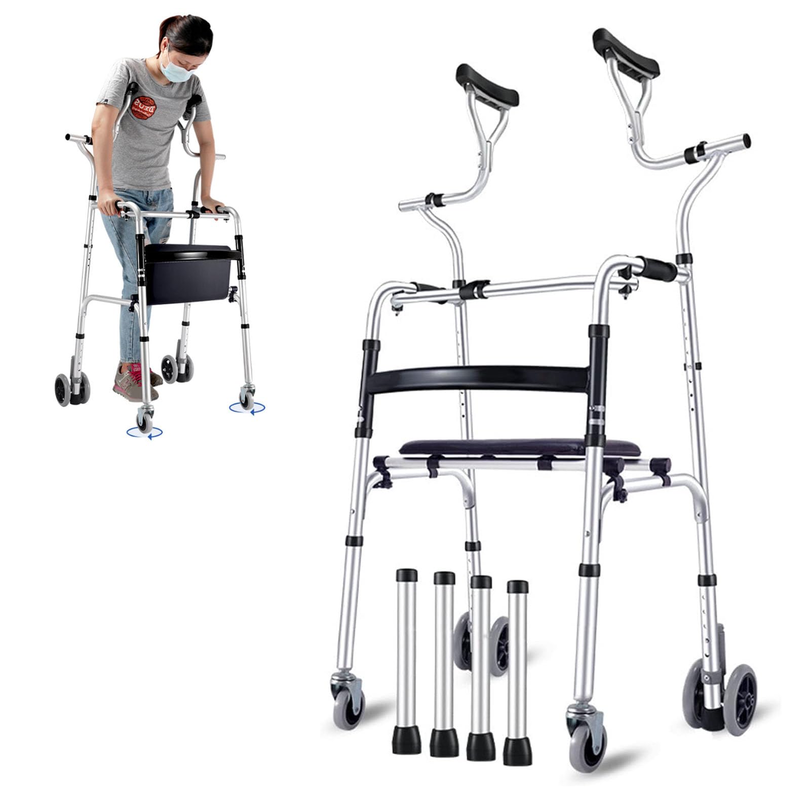 Stelaż z podparciem pod pachami, lekki składany pomocnik do chodzenia z małym kołem i siedziskiem, pomoc w chodzeniu, regulowana pomoc rehabilitacyjna dla seniorów z podłokietnikami