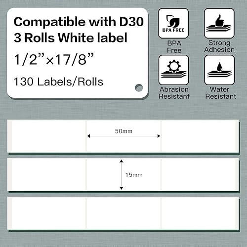 Miniatura 2 de Phomemo Etiqueta térmica D30, etiqueta autoadhesiva, 12 pulgadas x 1 78 pulgadas (0.551 in x 1.969 in), 130 etiquetasrollo, compatible con