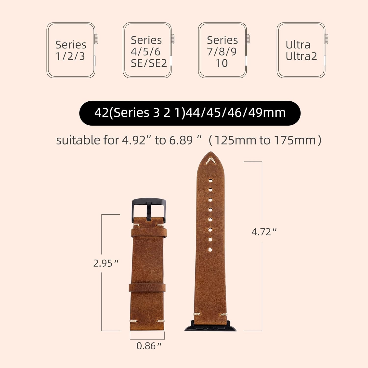 Handmade Double Sided Leather Bands Compatible with Apple Watch Band 42mm(Series 3 2 1) 44mm 45mm 46mm 49mm for Men Women, Retro Design Grain Genuine Leather Wristband Replacement Band Compatible for iWatch Ultra 2, Ultra, SE2, SE, Series 10 9 8 7 6 5 4 3 2 1 - Image 4