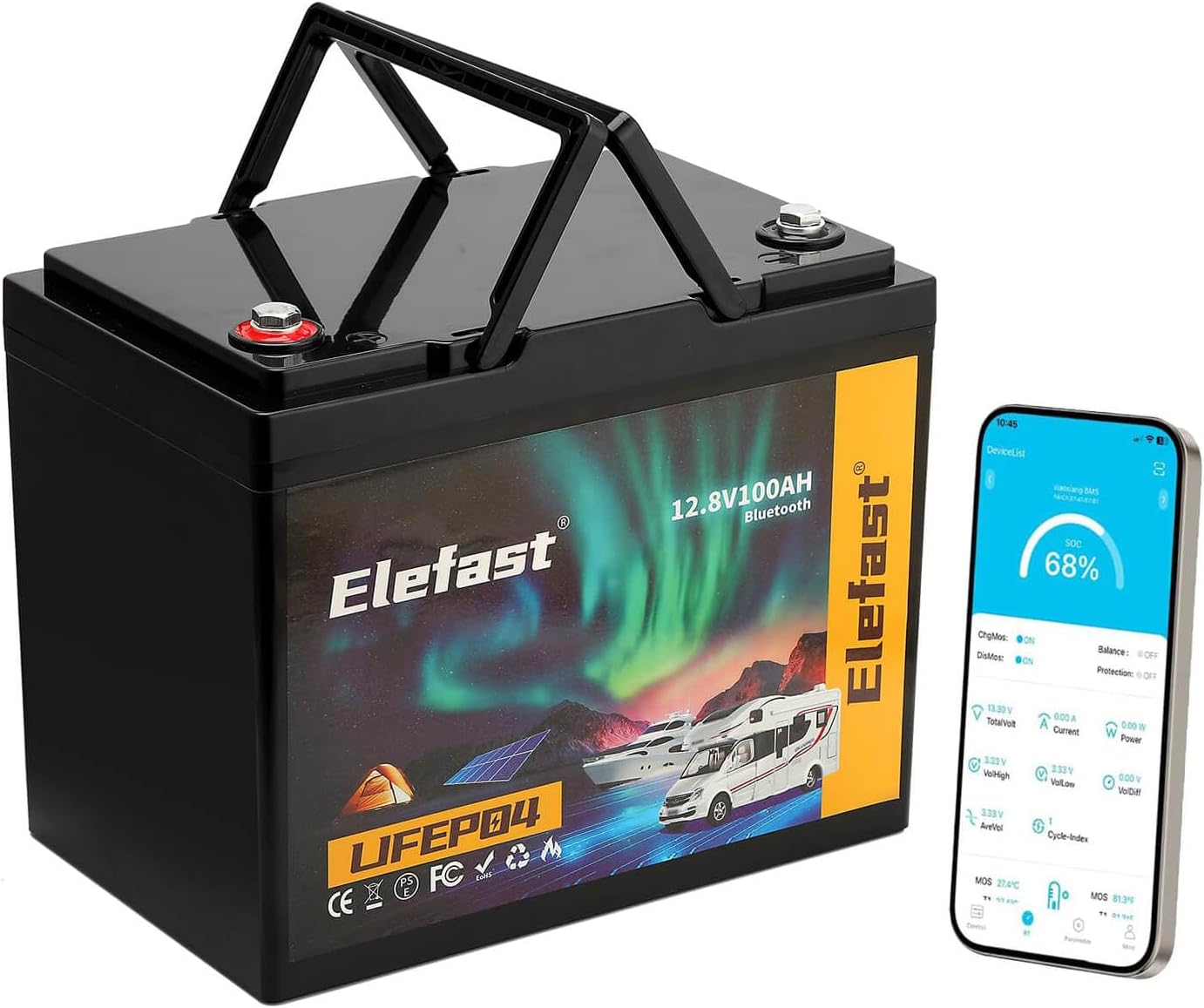 Elefast Lifepo4 Battery 100AH 12V Lithium Battery Mini Size,Built-in 100A BMS and Bluetooth, 20000+ Deep Cycle,Perfect for RV,Marine/Trolling Motors,Caravan Camping