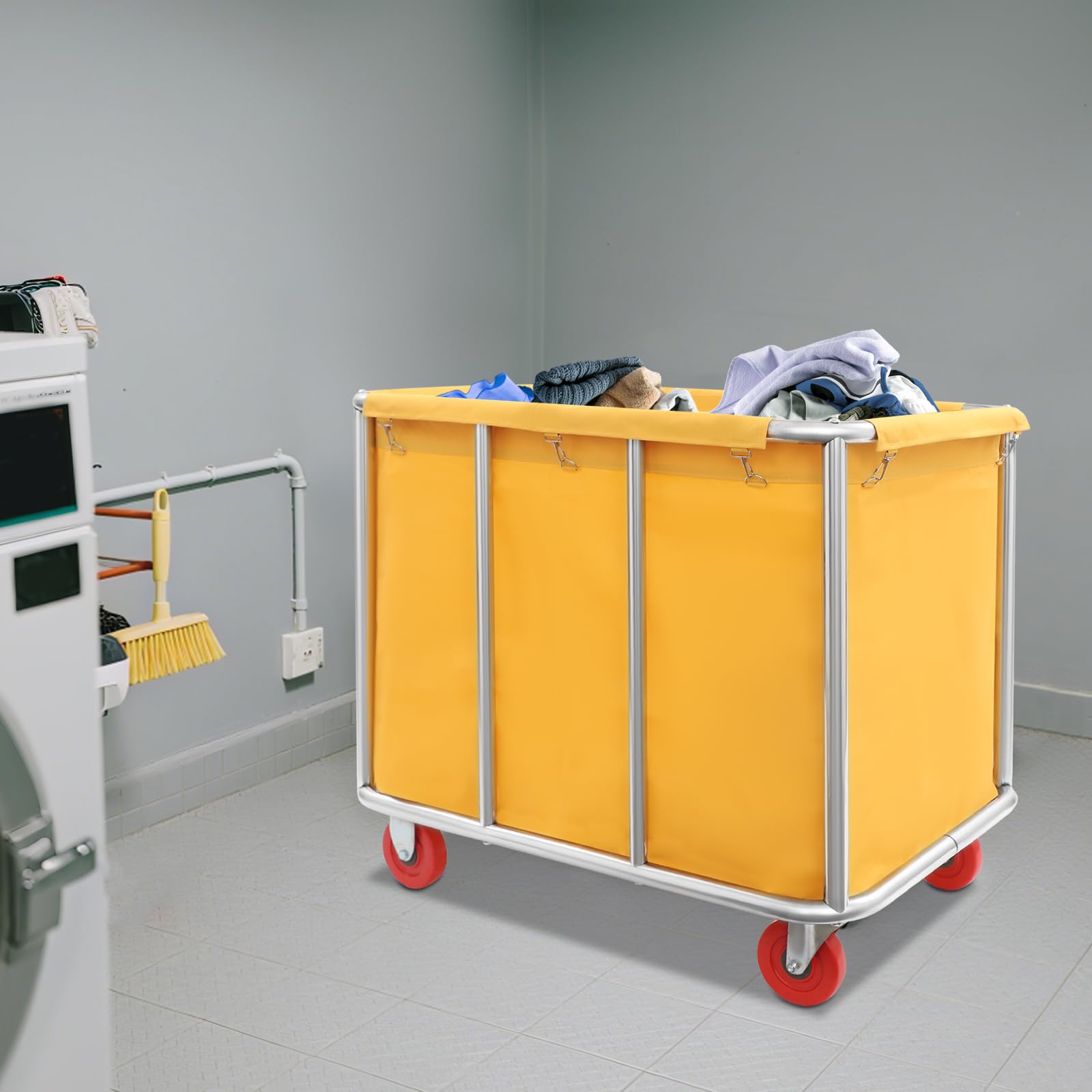 Portabagagli per hotel, servizio lavanderia, uso domestico - Robusto carrello per biancheria in acciaio inox con 4 ruote, capacità di carico 260 libbre, design moderno, giallo, 90 x 65 x 80 cm