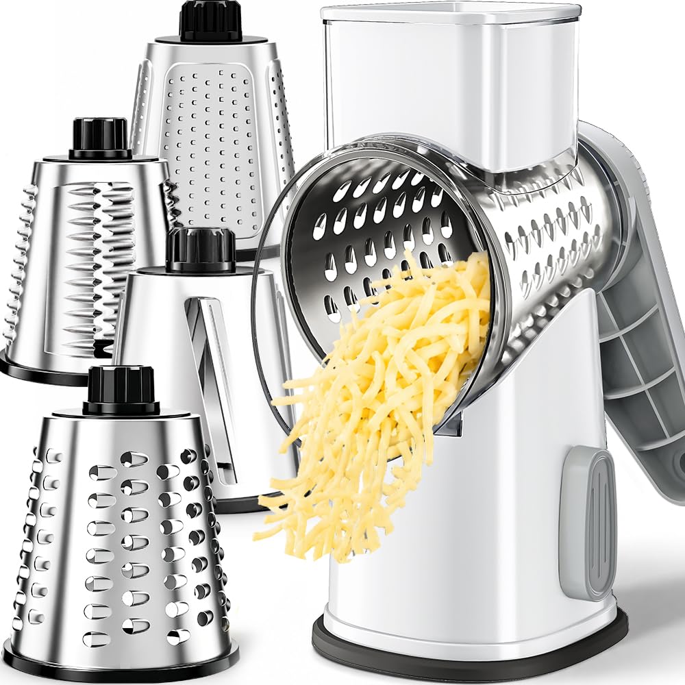 VEKAYA Rotary Cheese Grater Hand Crank Large Cheese Shredder(White Grey)