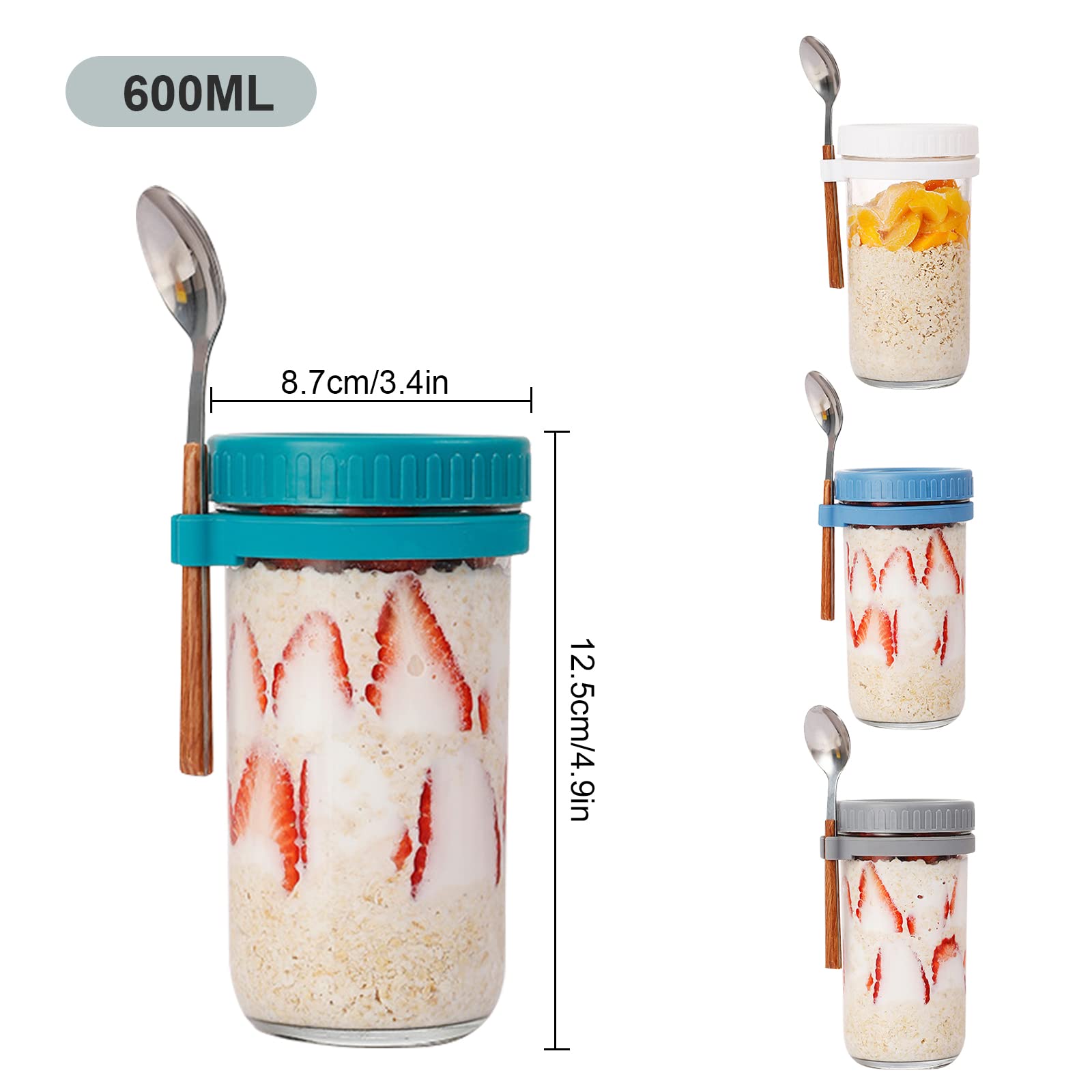 Overnight Oats 4 szklanki do owsa, z pokrywką i łyżeczką, szklane słoiki na przetwory na nocleg, na musli, owoce, warzywa, mleko, sałatkę, jogurt, posiłki (600 ml)