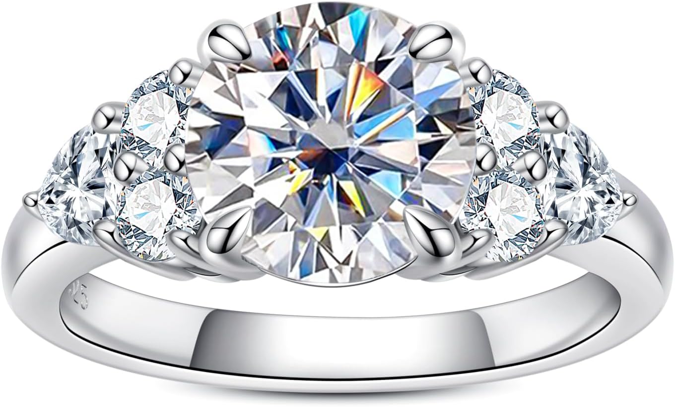Moissanite Engagement Rings for Women, 3 ct (4 ctw) D Color VVS1 Lab Created Diamond 18K White Gold Plated Silver Moissanite Diamond Anniversary Wedding Ring
