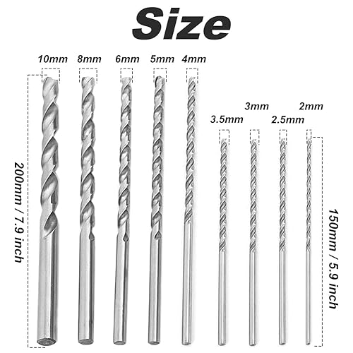 Miniatura 2 de Juego de 9 brocas helicoidales extralargas de 5.906-7.874 in, juego de herramientas de vástago recto redondo, juego de taladro giratorio de acero de