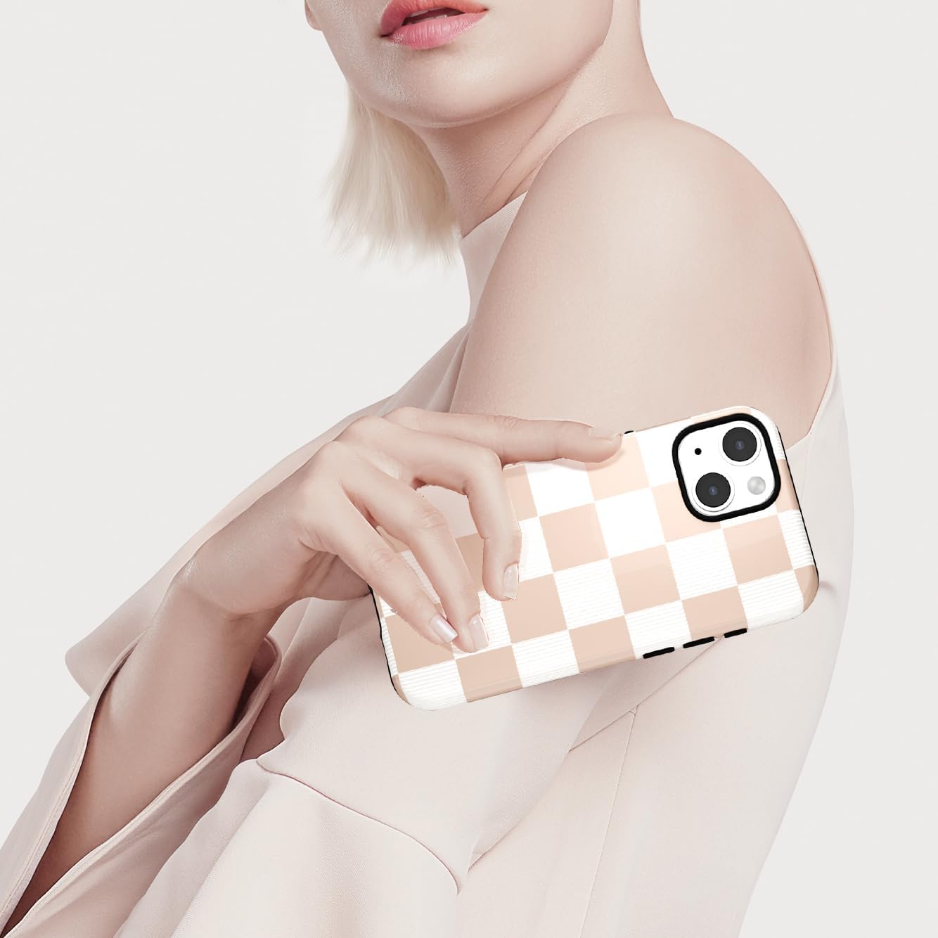 Checkered Phone Case for iPhone 14 iPhone 13 Case Plaid Lattice, Girly Cute Checkerboard Case for Women, Aesthetic Checker Print Design, Slim Thin Hard Shell Plastic Cover, Tan Brown White - Image 7