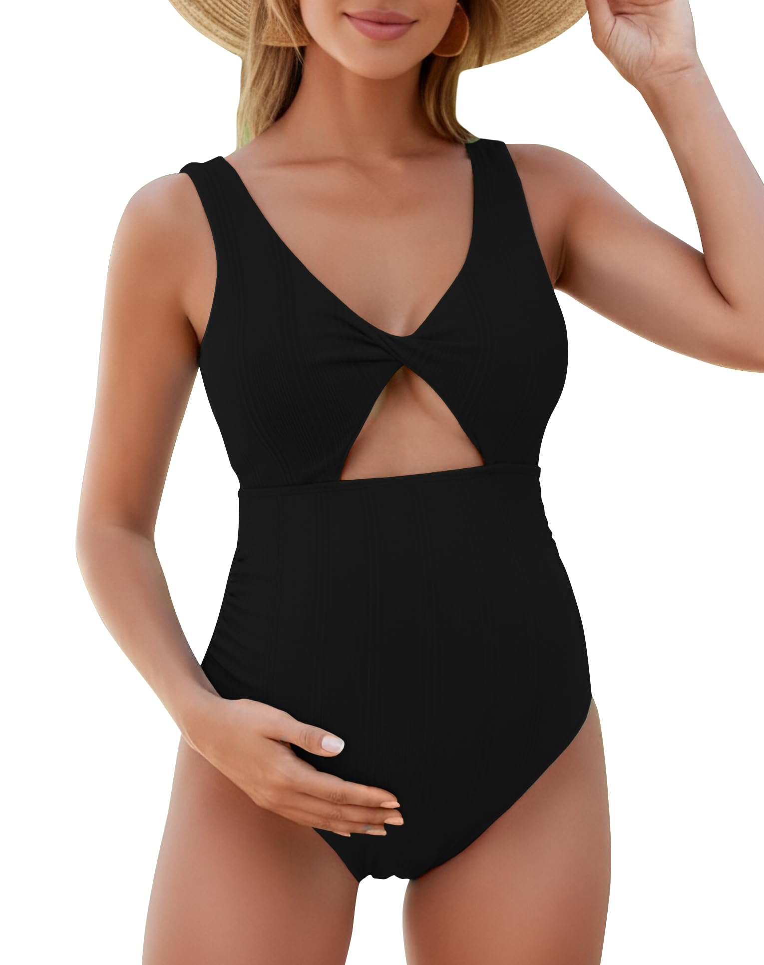 FEOYA Bañador de Maternidad de Una Pieza Traje de Baño Premamá con Escote en V Ropa de Natación Embarazada para Playa Piscina y Sesiones de Fotos, Tallas S-XL