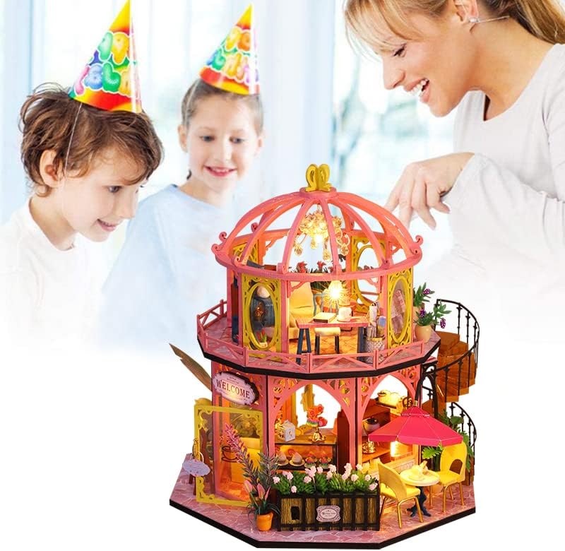 Miniatura 6 de Casa de muñecas en miniatura hecha a mano de madera, kit de bricolaje, modelos de arquitectura con luz LED, a prueba de polvo y obras de arte