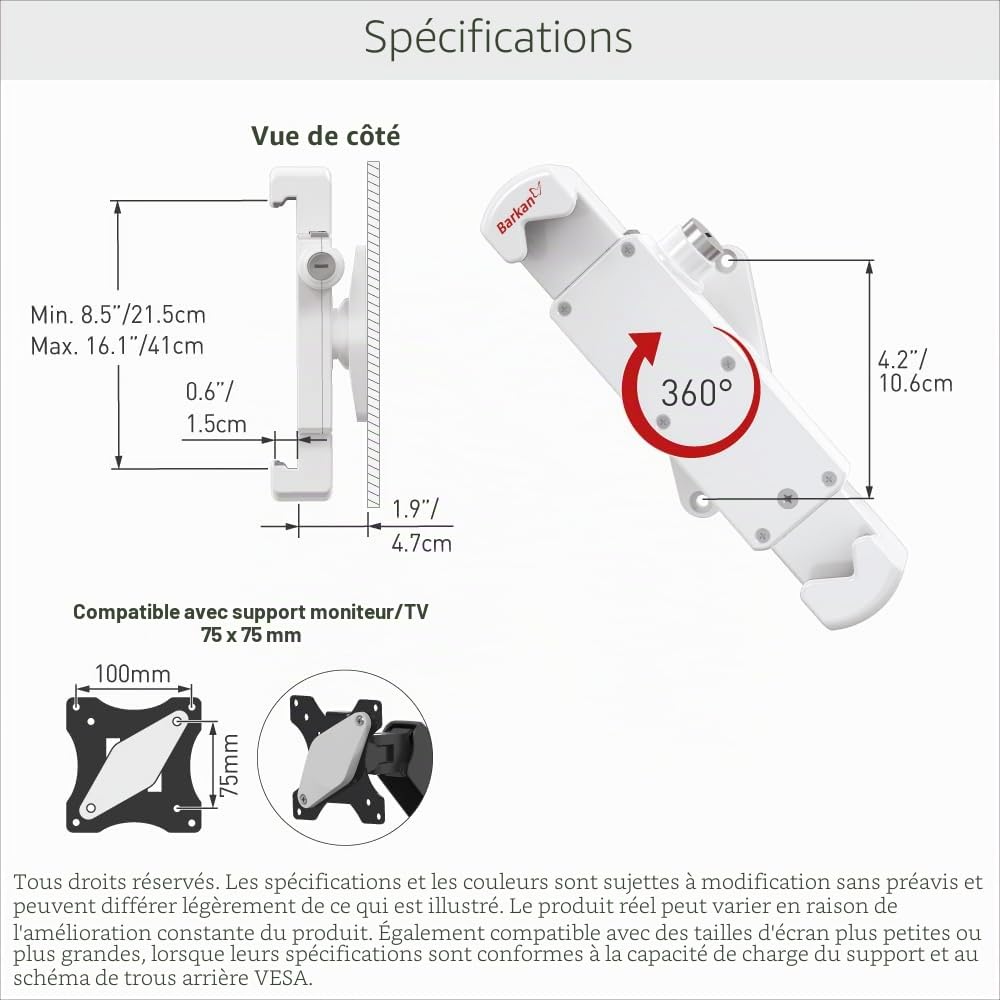 Barkan Verrouillable Support pour Tablette de 7-14 Pouces, Antivol, verrouillable, Fixe, Rotatif 360 degrés, pour iPad, Samsung Tab, Fire HD et Plus, Montage Mural