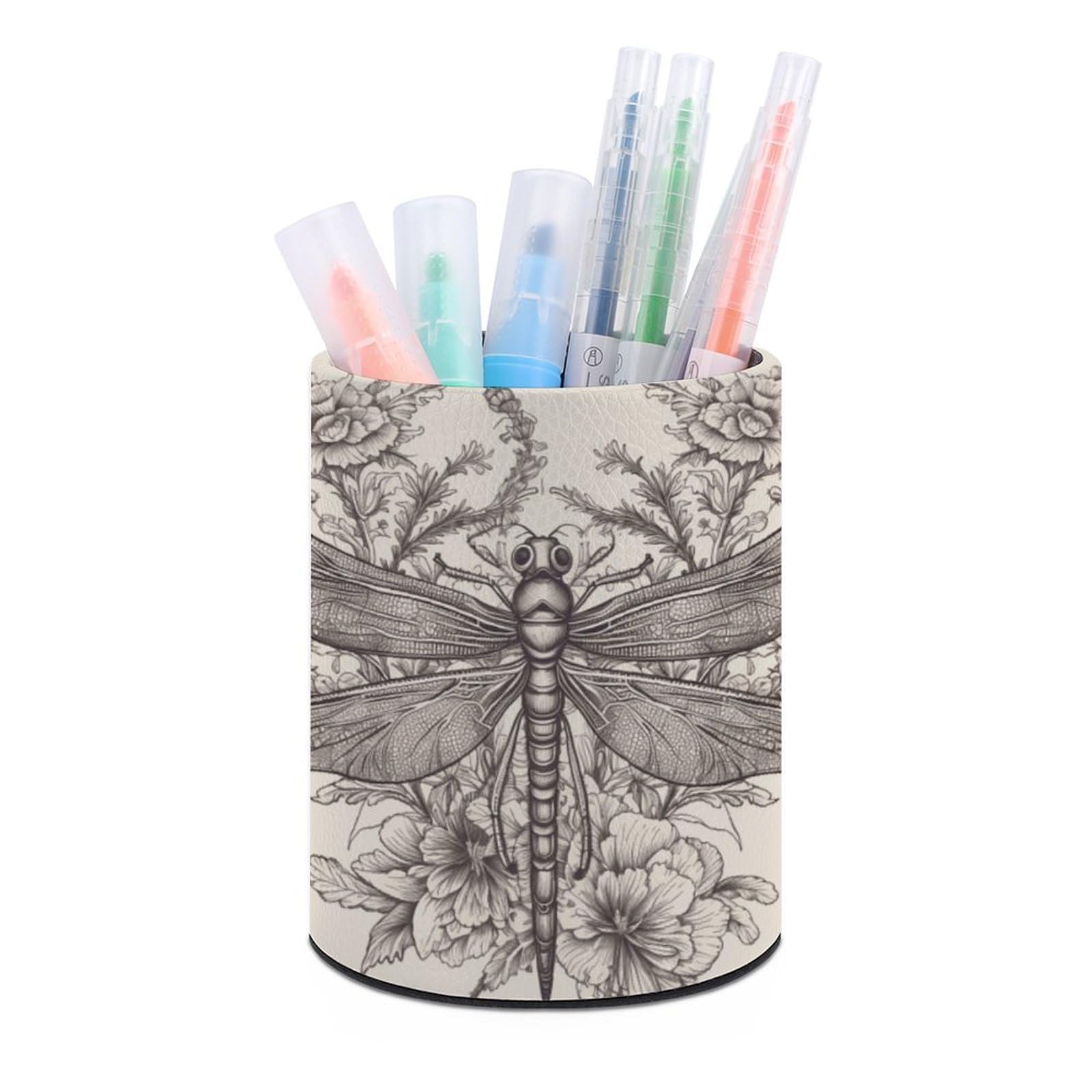 VstaDank Hand Drawn Floral Dragonfly Pen Holder PU Leather Pencil Cup Minimalist Desk Pencil Holder Round Make Up Brush Organizers For Office Dorm Room&Vanity Desk Accessories