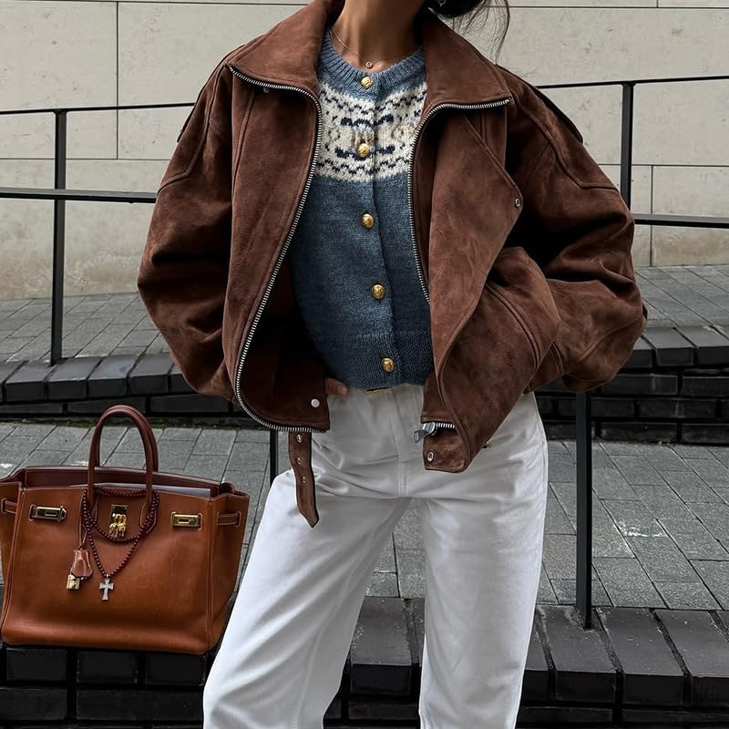 Women's suede baseball jacket retro short loose jacket Harajuku zipper open top sheep top2