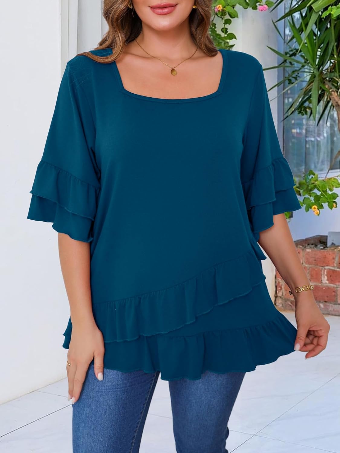 Beauhuty Womens Plus Size Tops Square Neck Tunic Double Ruffles Hem 3/4 Sleeve Shirt Casual Trendy Flow Loose Dressy Blouse - Image 2