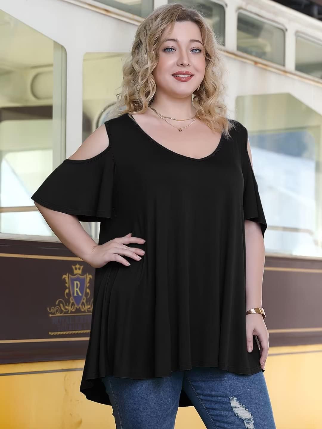 LARACE Plus Size Tunic Tops For Women V neck Short Sleeve T-shirt Cold Shoulder Loose Summer Tops Blouse - Image 4