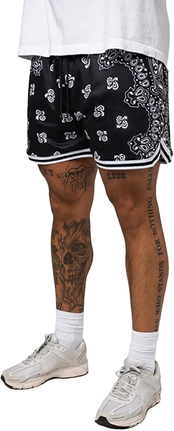 MECH-ENG Mens Paisley Graphic Bandana Shorts Retro Running Boxing Mesh Boho Drawstring Shorts