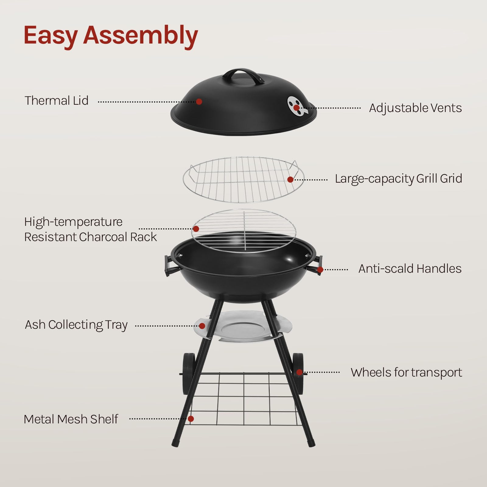 WOLTU Grill kulowy na węgiel drzewny z pokrywką, φ42 cm, powierzchnia grillowa, grill na węgiel drzewny z regulowanym dopływem powietrza, grill, na kemping, metal, czarny
