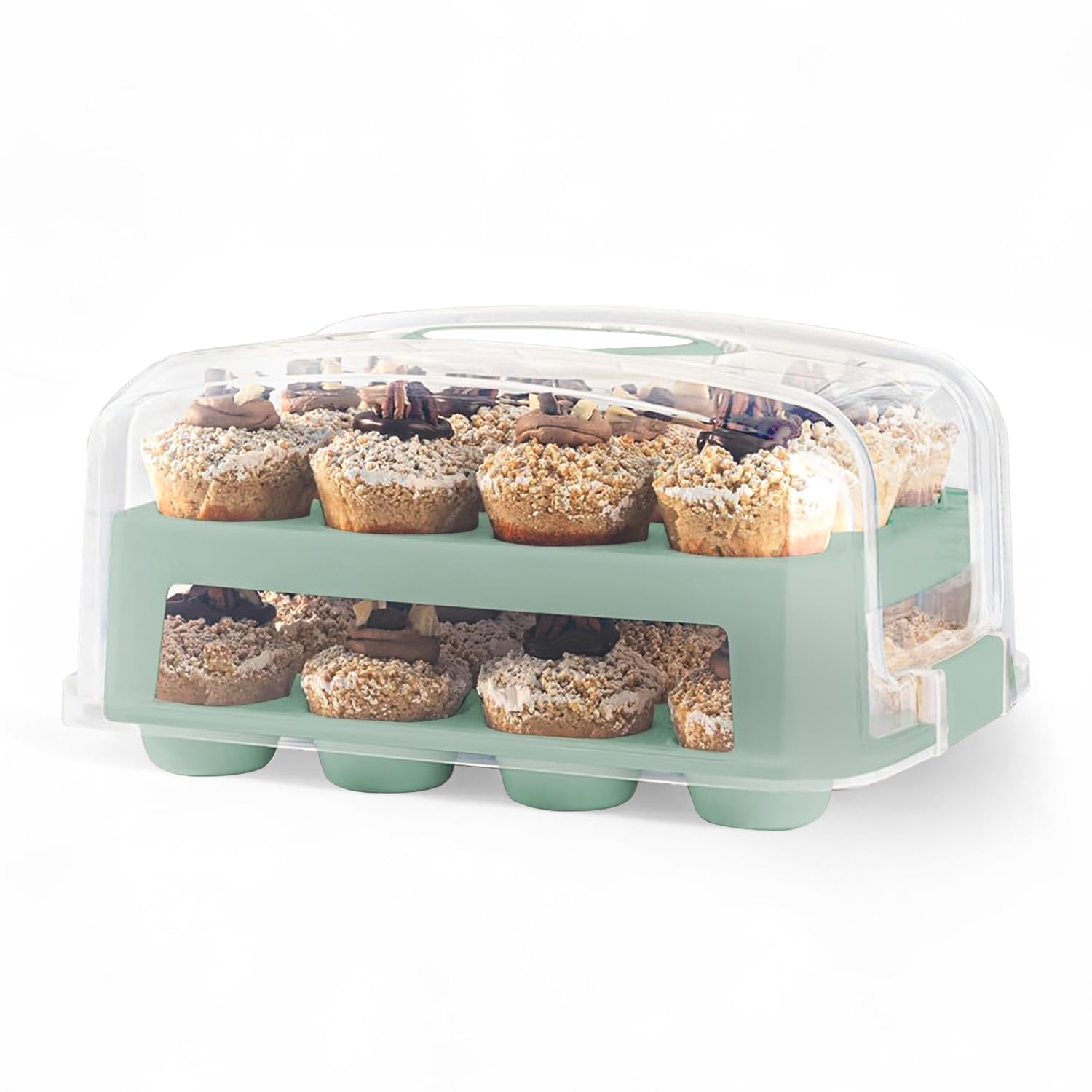MosJos EXTRA TALL DOME 24 Cupcake Carrier, Green Cupcake Holder Carries 24 Cupcake Storage Container, Muffin Traveler Two Tier Stand Reusable Cupcake Box