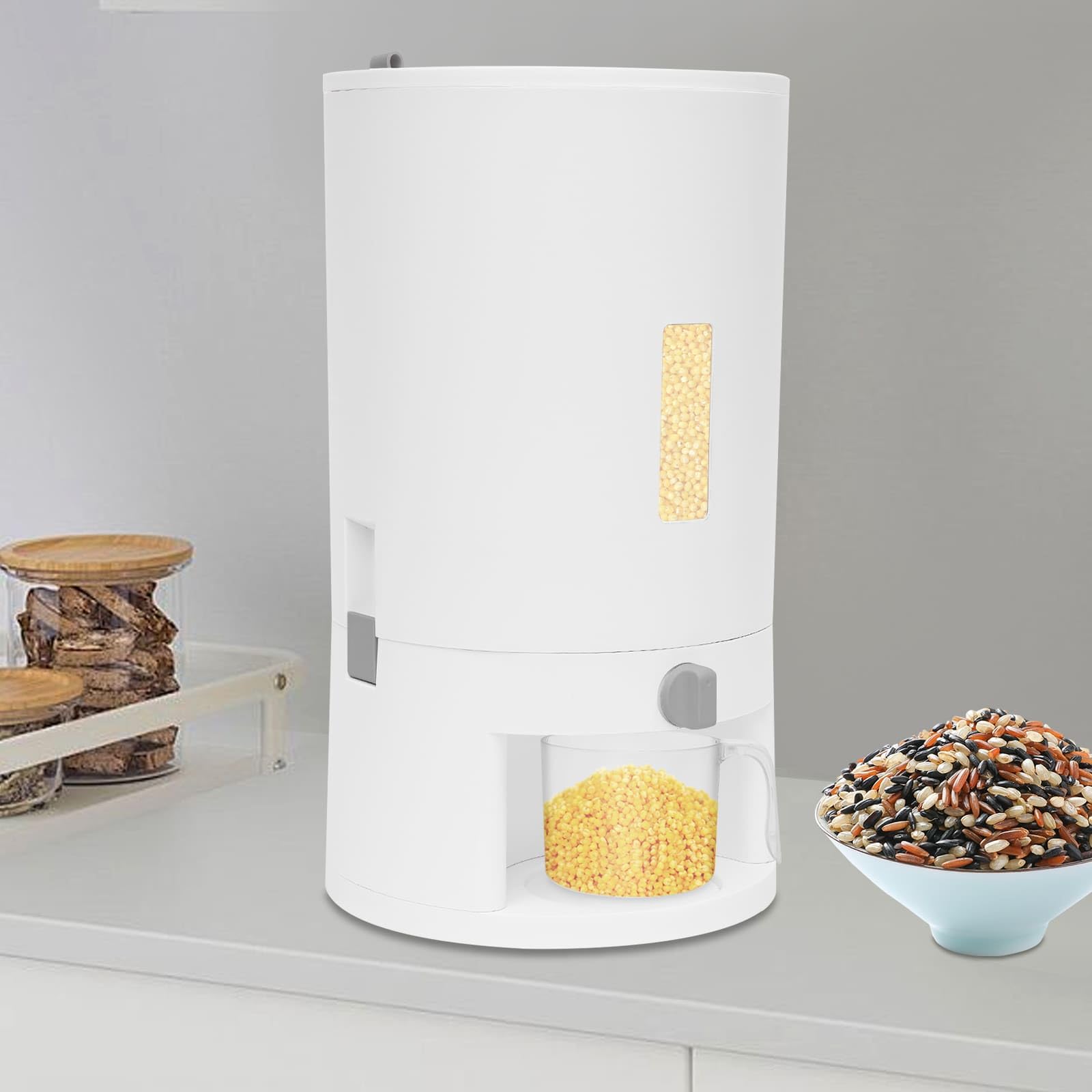 Distributeur de Riz Hermétique 20L, Récipient de Stockage Alimentaire, avec Tasse à Mesurer 500g, Poignée Silicone et Fenêtre de Niveau, Idéal pour Cuisine, Garde-manger et Maison