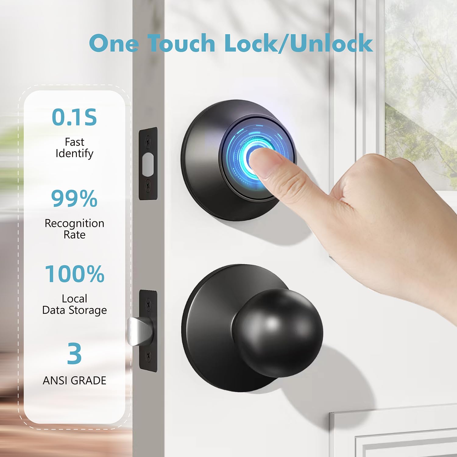 Serratura per porta d'ingresso senza chiave con impronta digitale, serrature intelligenti con contatore app, serratura biometrica con 2 chiavi, batteria da 10 mesi, blocco automatico, blocco one-touch