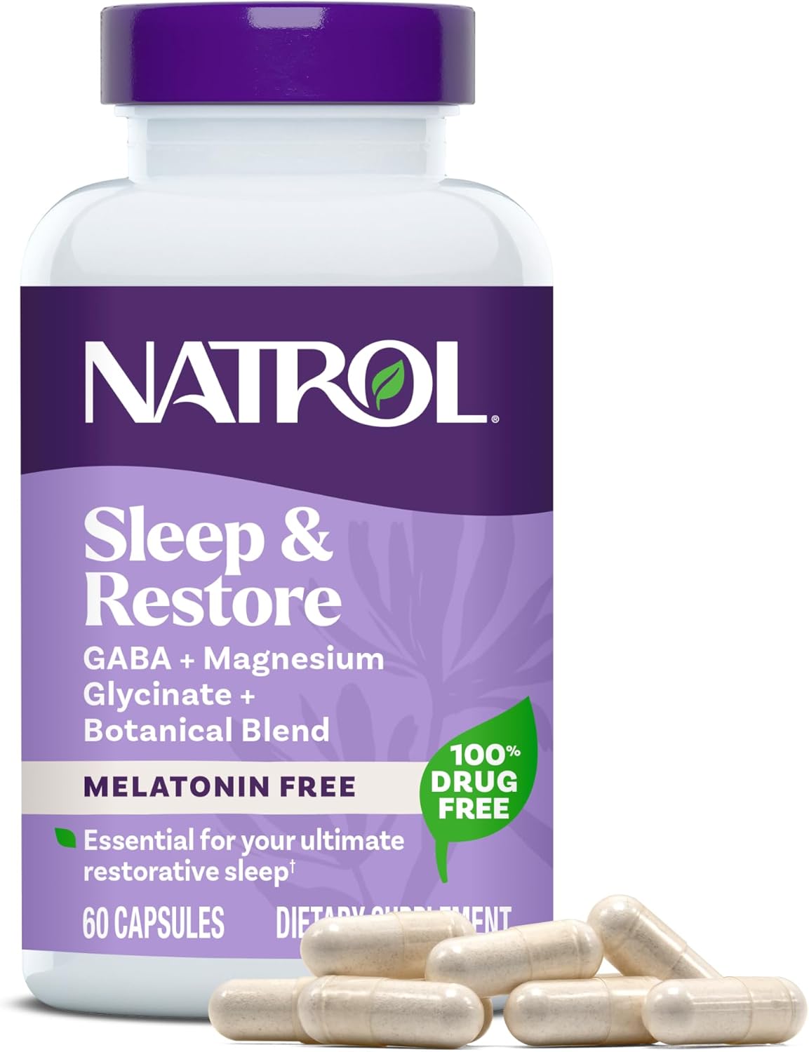 Natrol Sleep & Restore Capsules with Magnesium Glycinate 100mg, GABA, Essential for Your Ultimate Restorative Sleep, Melatonin-Free, 30 Day Supply Natrol Sleep & Restore Capsules with Magnesium Glycinate 100mg, GABA, Essential for Your Ultimate Restorative Sleep, Melatonin-Free, 30 Day Supply