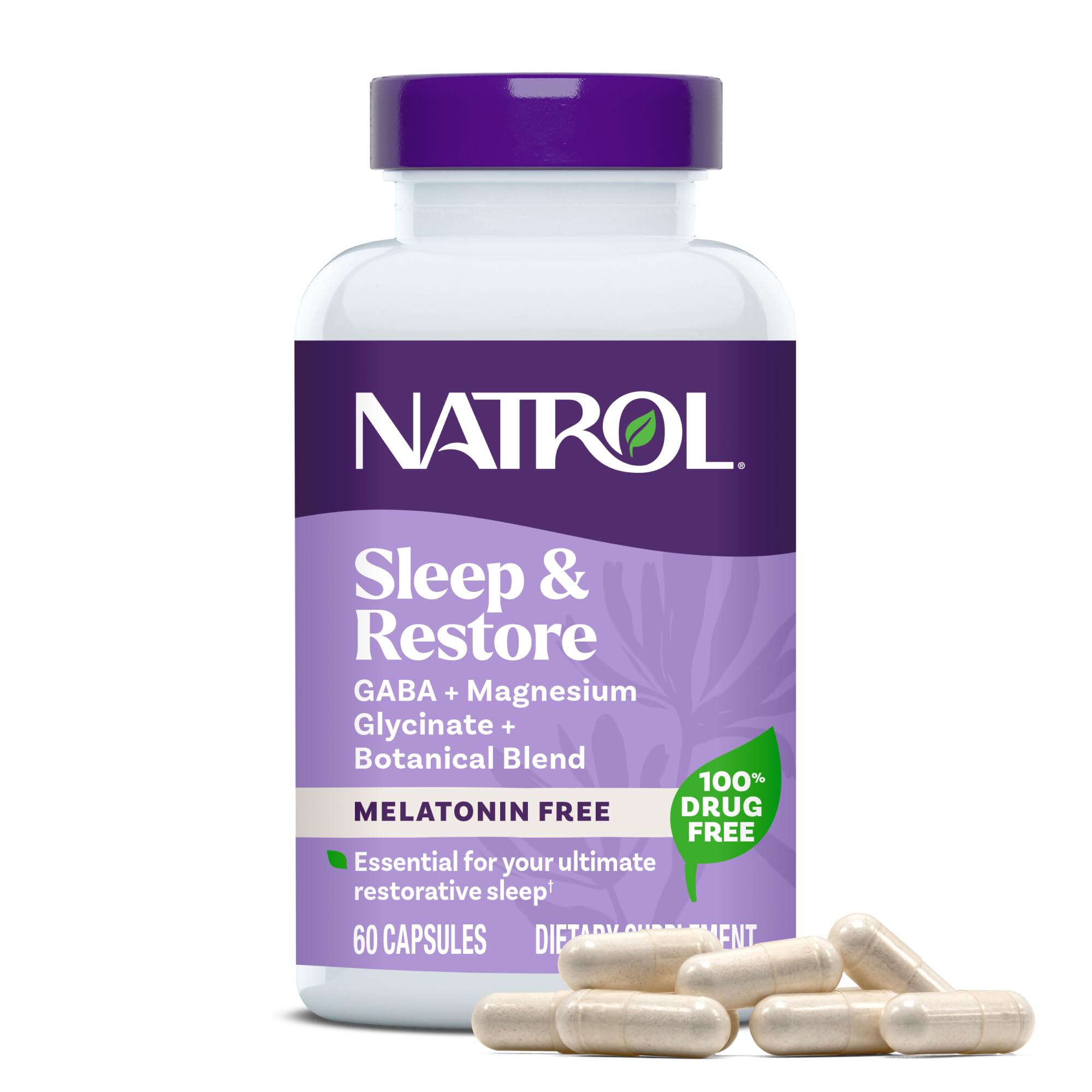 Natrol Sleep & Restore Capsules with Magnesium Glycinate 100mg, GABA, Essential for Your Ultimate Restorative Sleep, Melatonin-Free, 30 Day Supply