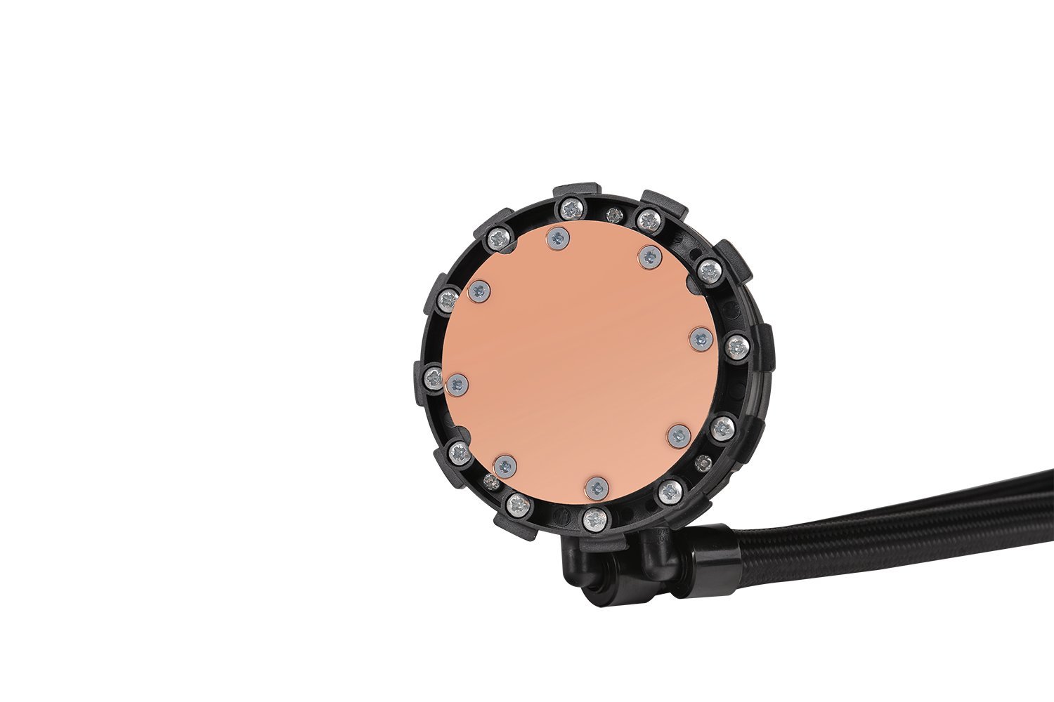 Нижний view of the pump/cold plate unit showing the copper contact base