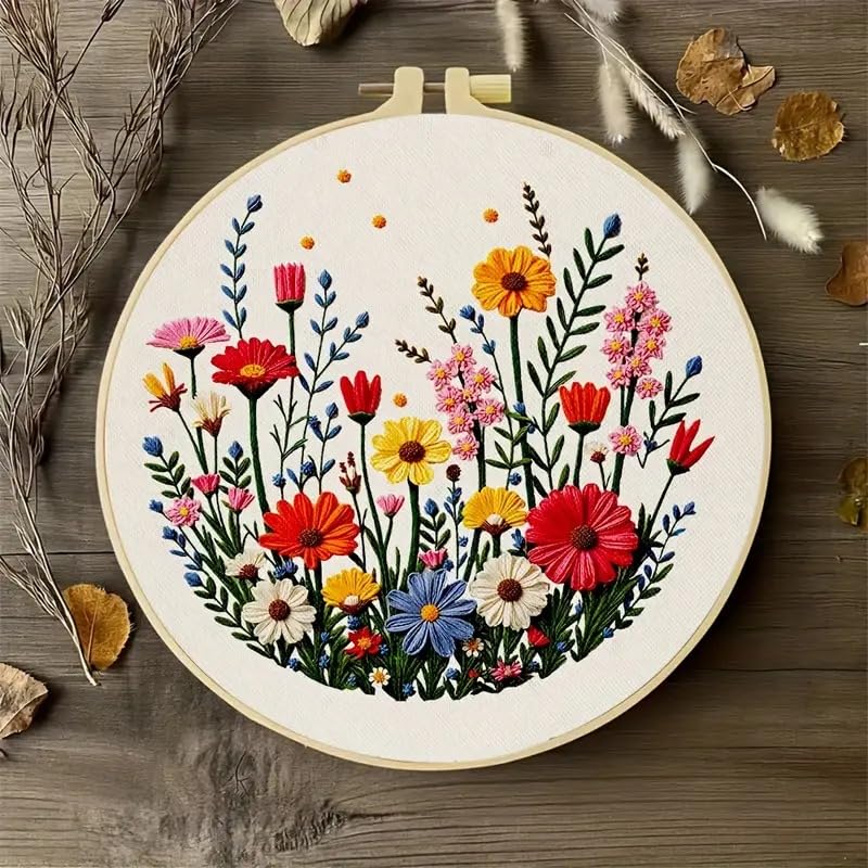 Image of Huacan Embroidery Kit Flower Pattern Practice Kit, Including Instructions, Embroidery Hoop, Cloth, Needles and Thread for DIY Craft