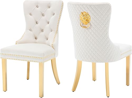 Nikki Collection - Juego de 2 sillas de comedor de terciopelo con patas de acero inoxidable doradas y anillo de cabeza de león, silla auxiliar de