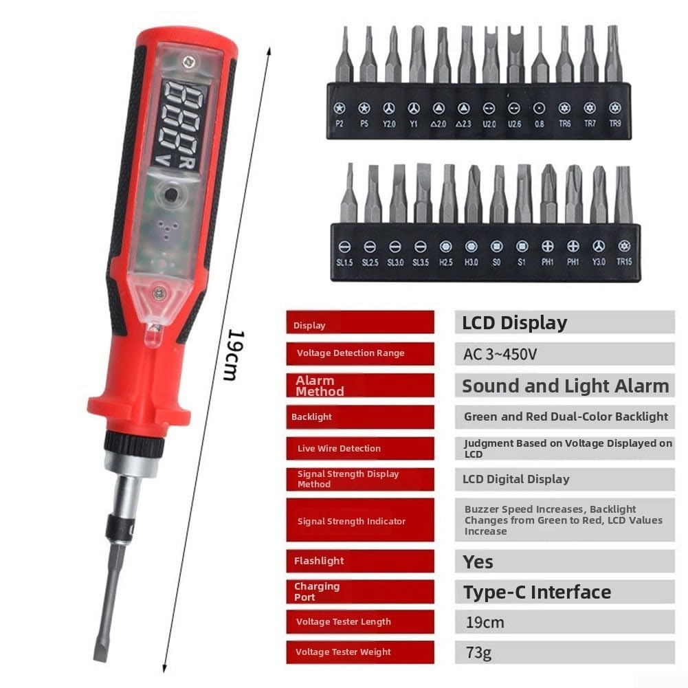 Testeur de tension numérique sans contact avec affichage LED rechargeable avec 12 embouts pour réparation électrique (C)